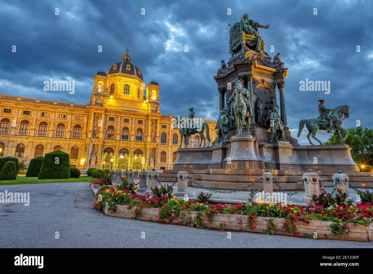 The Natural History Museum with the statue of Maria Theresa in Vienna, Austria, at twilight Stock Photo