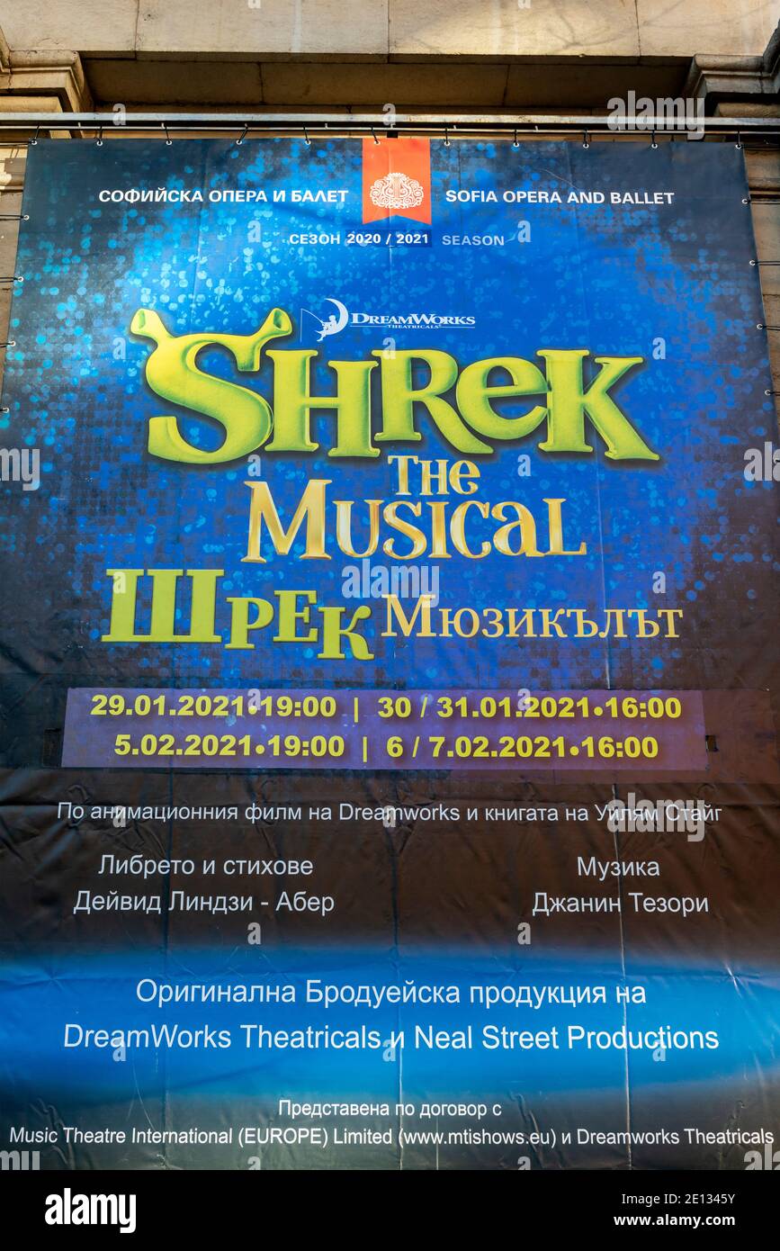Poster presenting Shrek the Musical as advertisement for upcoming event in 2021 by the Sofia Opera and Ballet in Sofia Bulgaria Eastern Europe EU Stock Photo