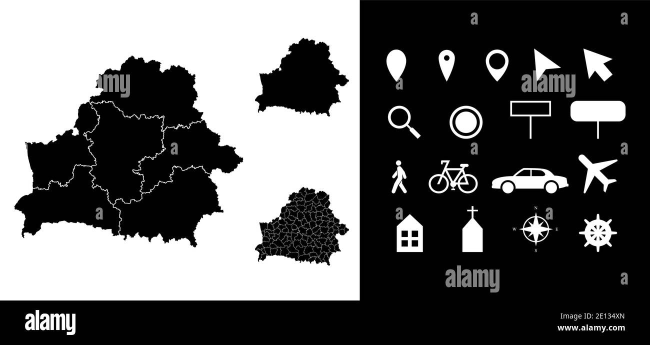 Map of Belarus administrative regions departments with icons. Map location pin, arrow, looking glass, signboard, man, bicycle, car, airplane, house, c Stock Vector