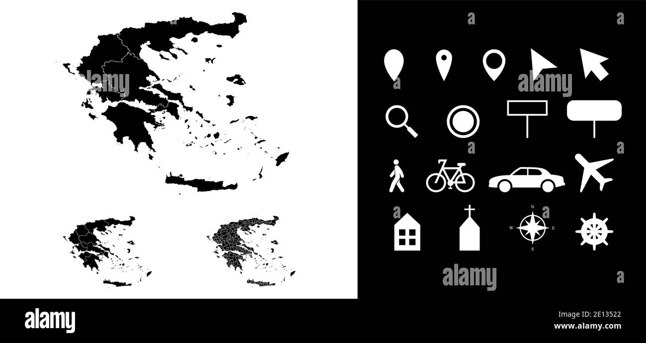 Map of Greece administrative regions departments with icons. Map location pin, arrow, looking glass, signboard, man, bicycle, car, airplane, house. Ro Stock Vector
