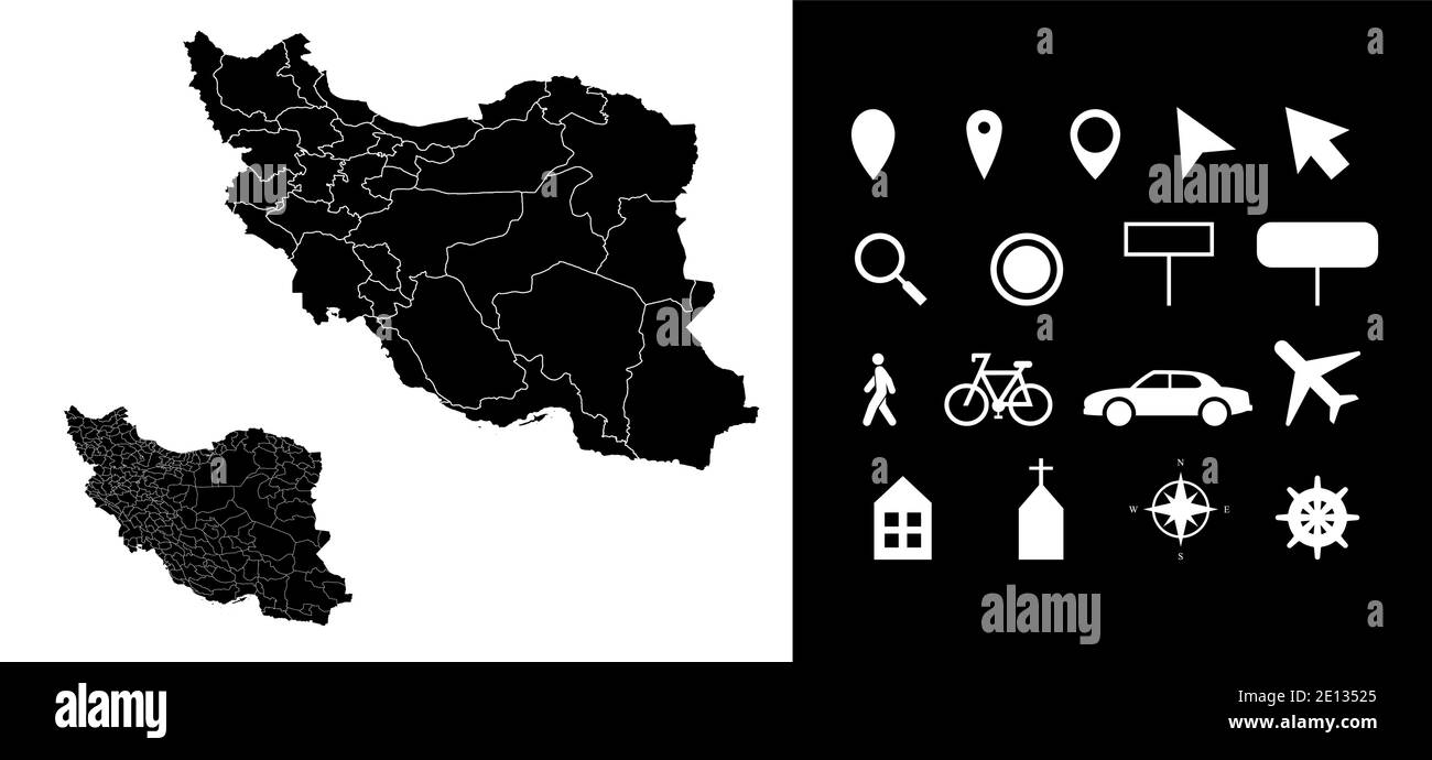 Map of Iran administrative regions departments with icons. Map location pin, arrow, looking glass, signboard, man, bicycle, car, airplane, house. Roya Stock Vector