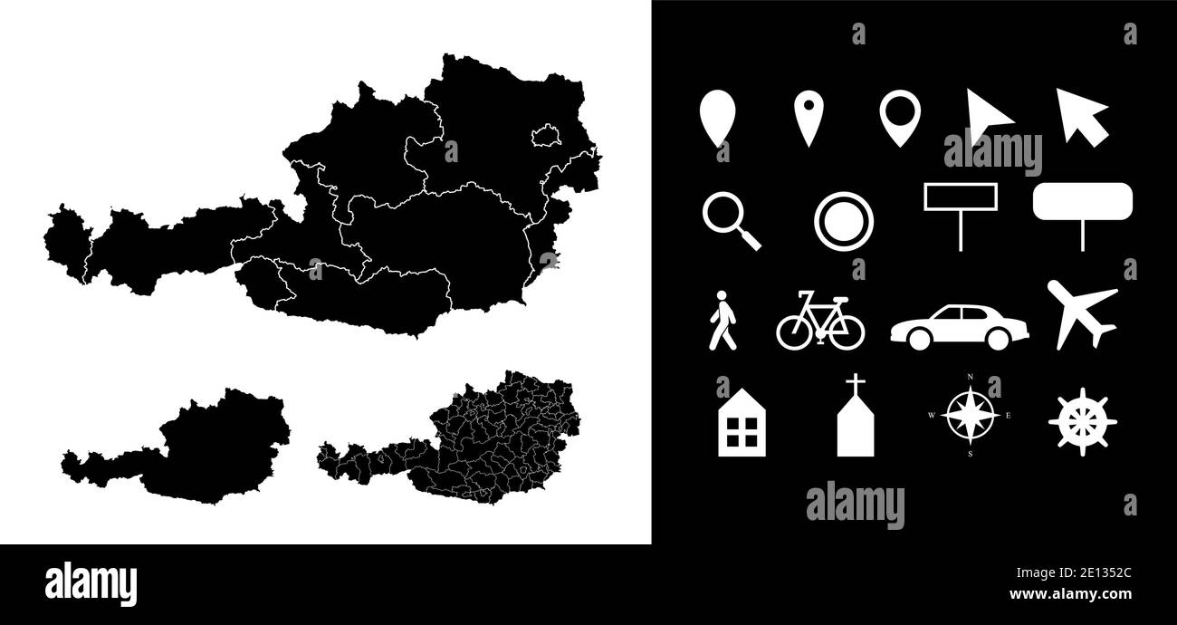 Map of Austria administrative regions departments with icons. Map pointer, arrow, looking glass, signboard, man, bicycle, car, airplane, house, church Stock Vector