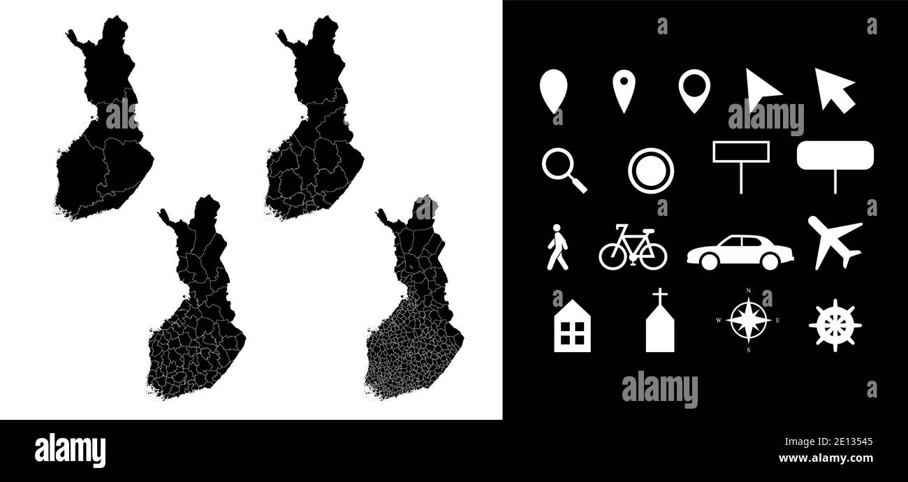 Map of Finland administrative regions departments with icons. Map location pin, arrow, looking glass, signboard, man, bicycle, car, airplane, house. R Stock Vector