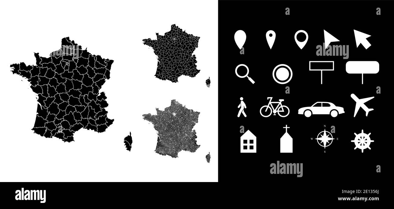 Map of France administrative regions departments with icons. Map location pin, arrow, looking glass, signboard, man, bicycle, car, airplane, house, ch Stock Vector
