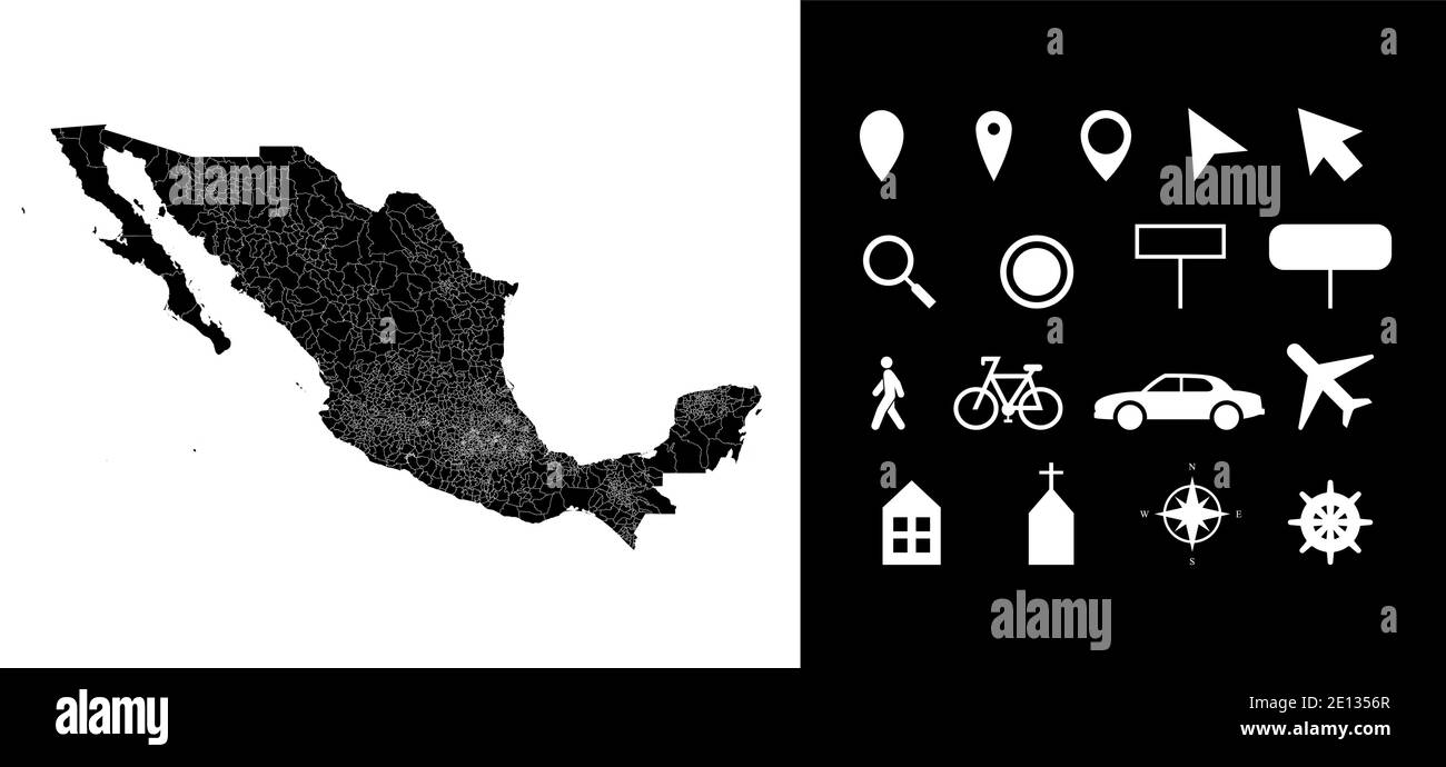 Map of Mexico administrative regions departments with icons. Map location pin, arrow, looking glass, signboard, man, bicycle, car, airplane, house. Ro Stock Vector