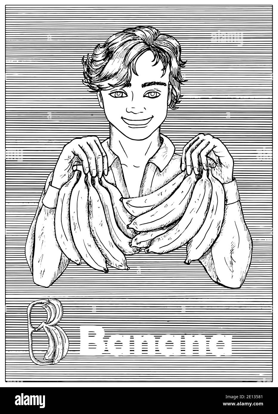 Young handsome man holding banana fruit over striped background. Hand drawn black and white vector illustration, engraved and vertical, healthy eating Stock Vector