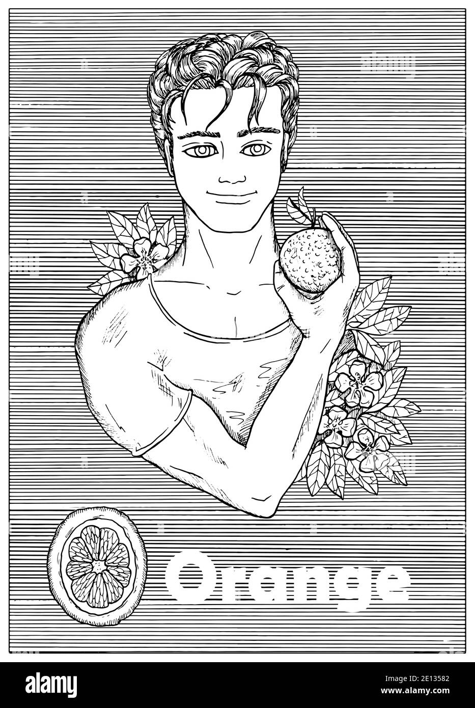Young handsome man holding orange fruit over striped background. Hand drawn black and white vector illustration, engraved and vertical, healthy eating Stock Vector