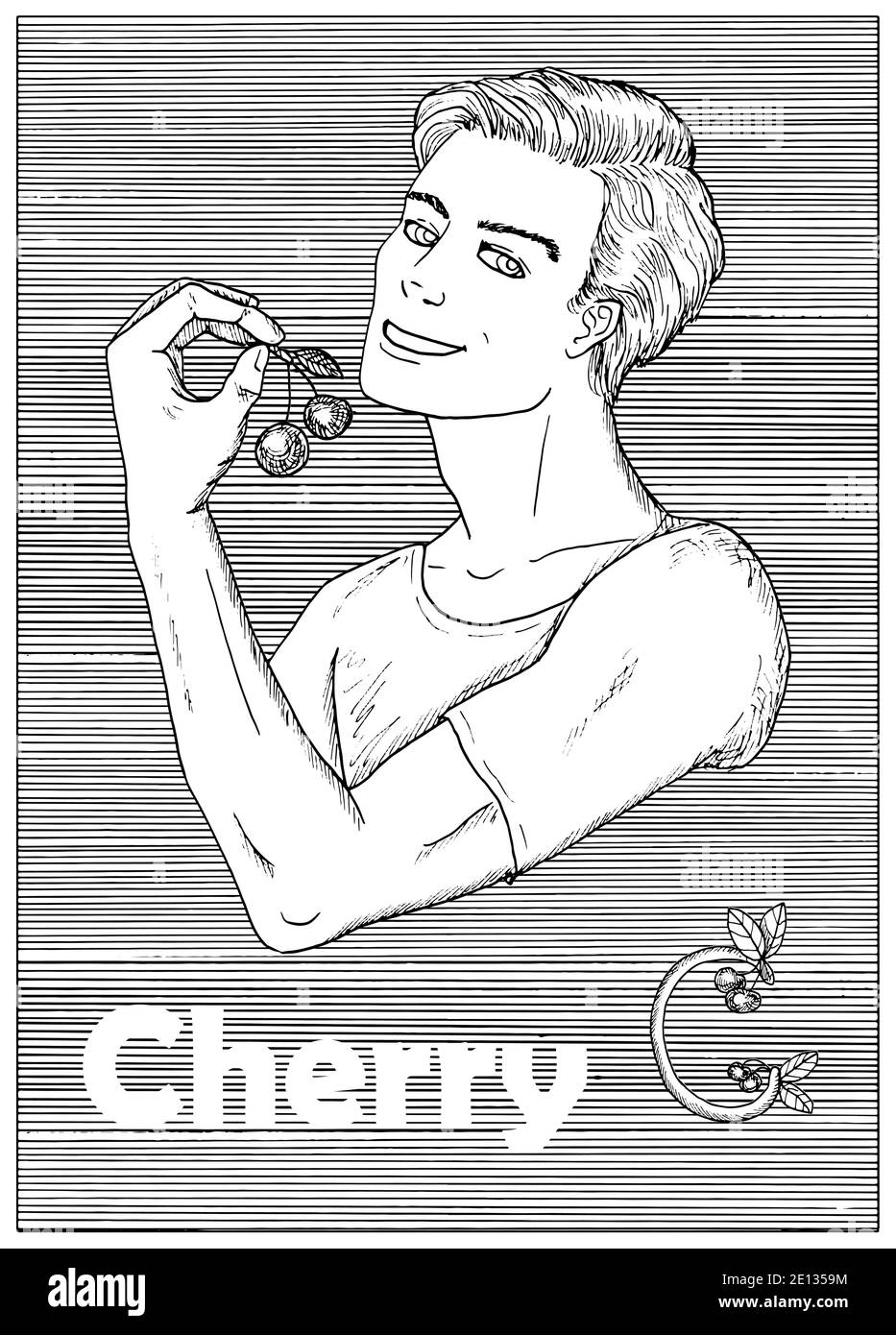 Young handsome man holding cherry berry over striped background. Hand drawn black and white vector illustration, engraved and vertical, healthy eating Stock Vector