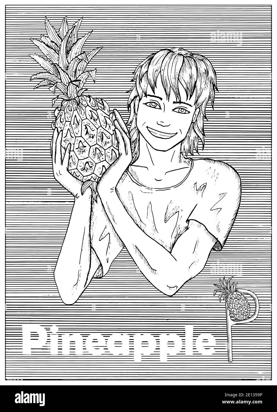 Young handsome man holding pineapple fruit over striped background. Hand drawn black and white vector illustration, engraved and vertical, healthy eat Stock Vector