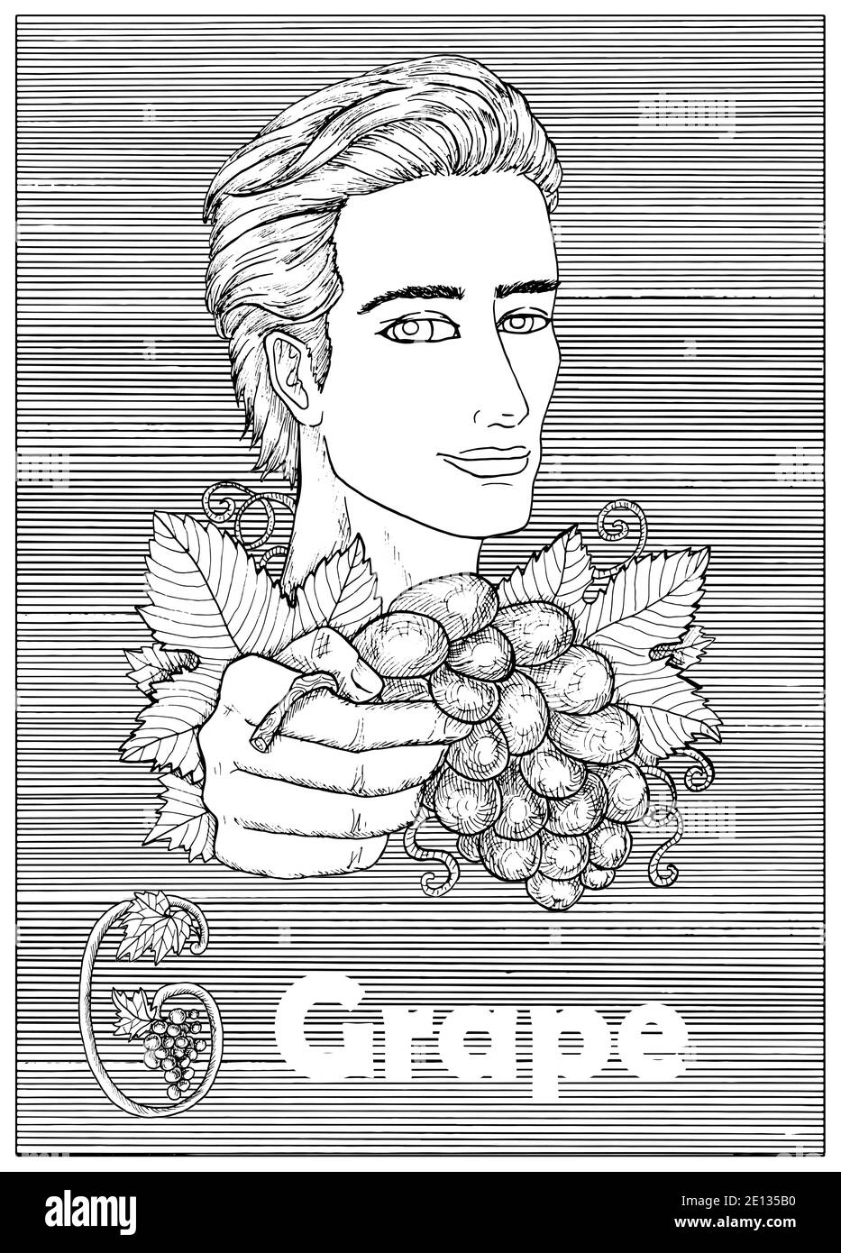 Young handsome man holding grape berry  over striped background. Hand drawn black and white vector illustration, engraved and vertical, healthy eating Stock Vector