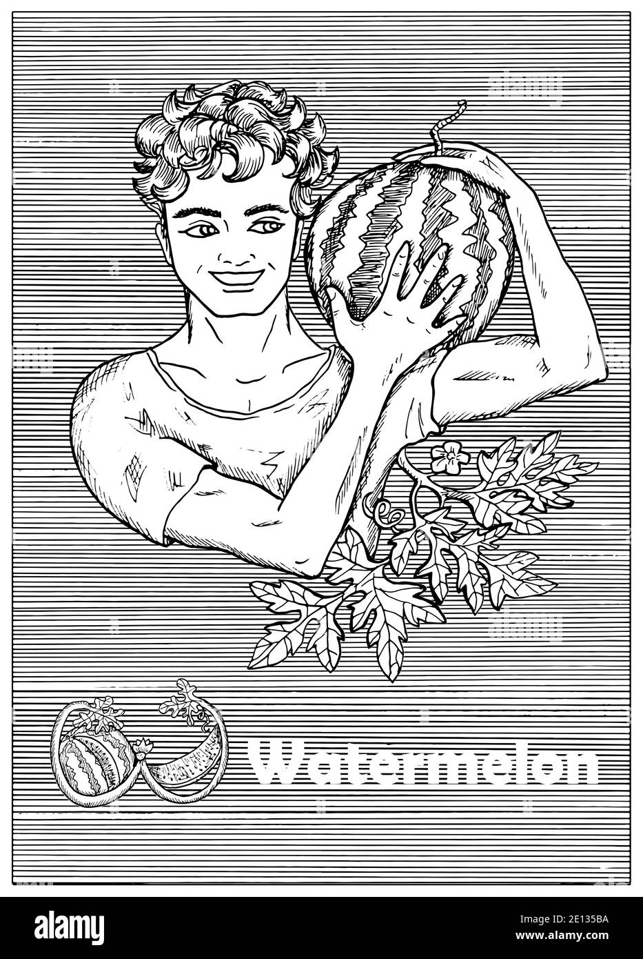 Young handsome man holding watermelon over striped background. Hand drawn black and white vector illustration, engraved and vertical, healthy eating, Stock Vector