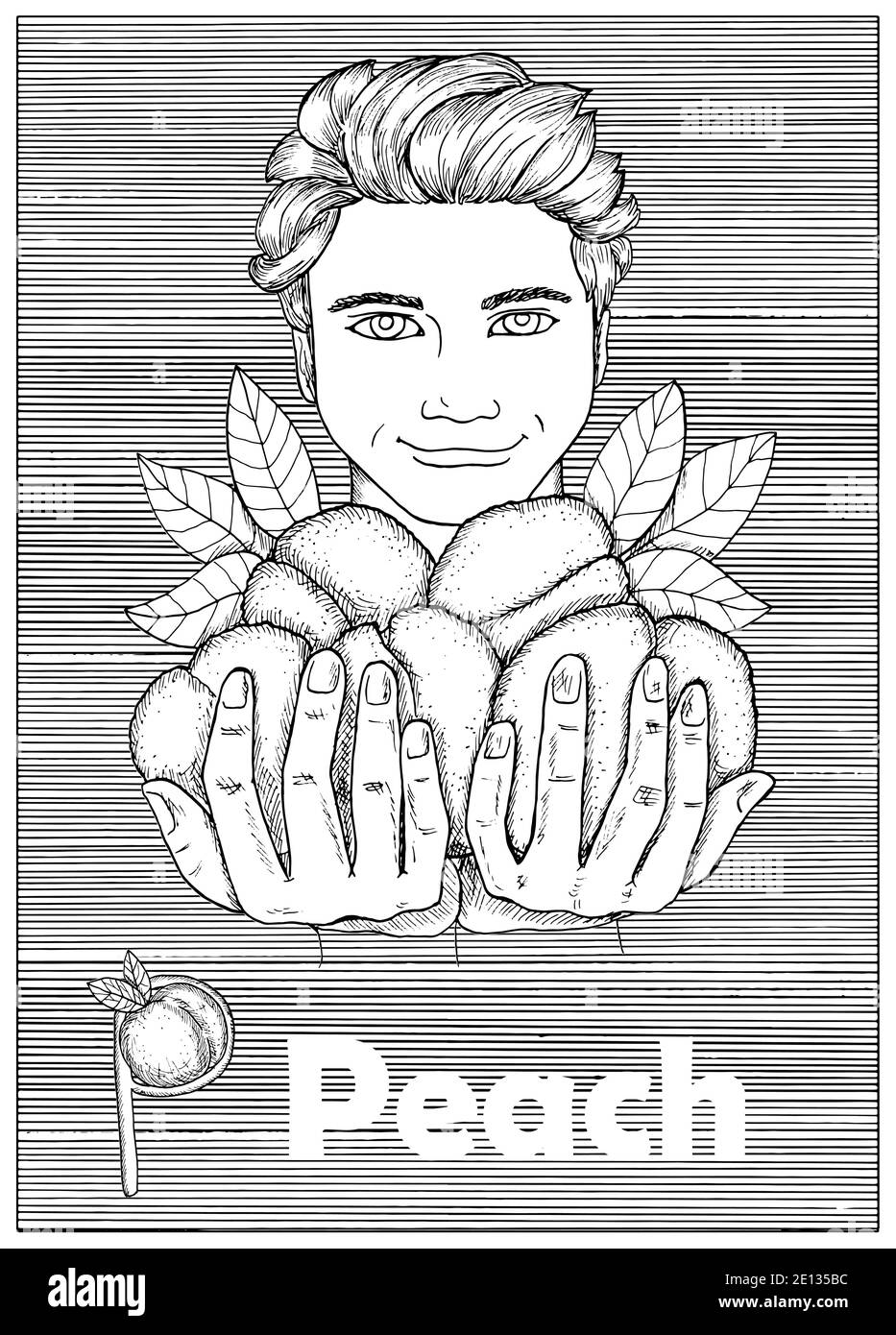 Young handsome man holding peach fruit over striped background. Hand drawn black and white vector illustration, engraved and vertical, healthy eating, Stock Vector