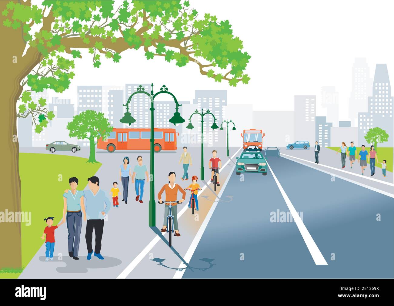 City with people and road traffic, illustration Stock Vector