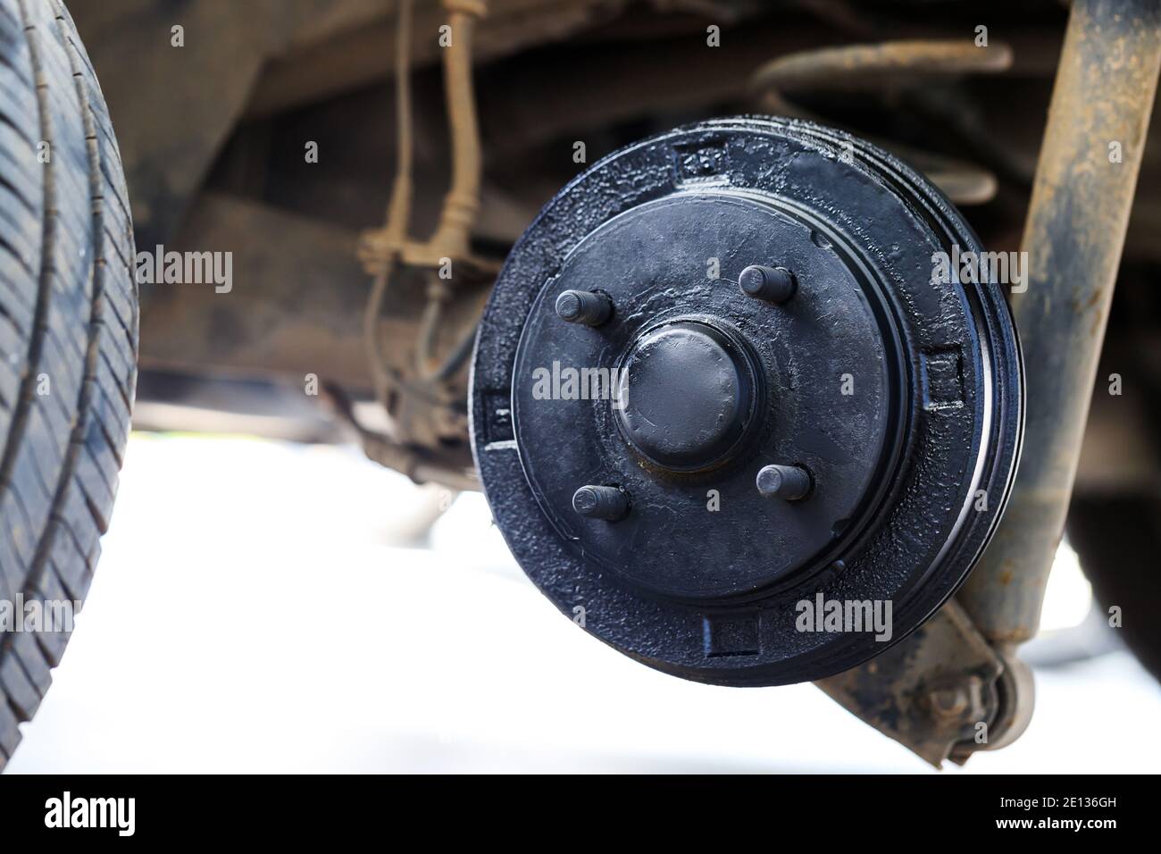 A rear hub of the car after removing a tire and wheel, maintaining a