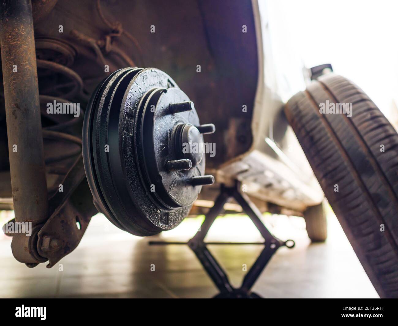 A rear hub of the car after removing a tire and wheel, maintaining a