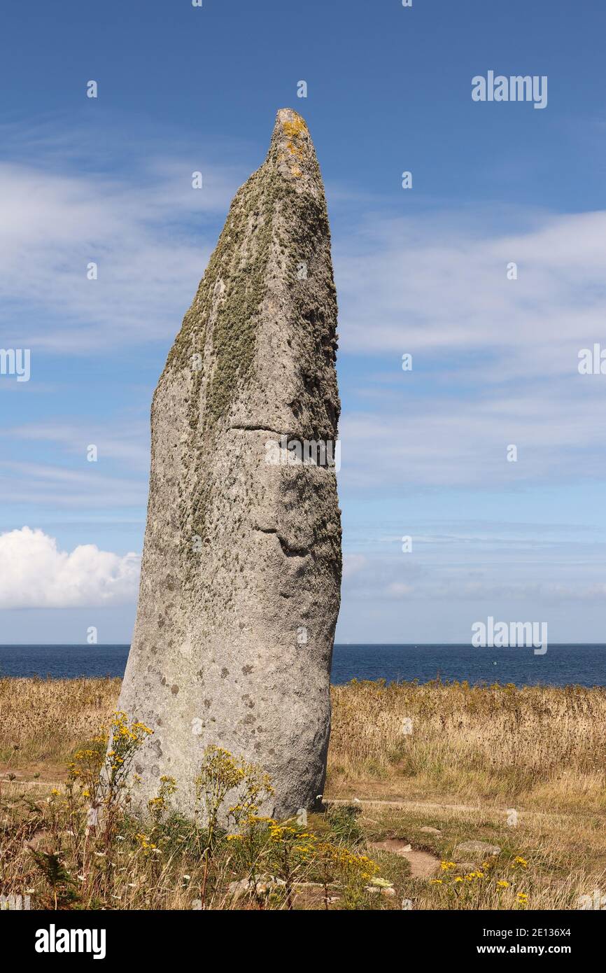 Menhir Cam Louis - megalithic monument in Plouescat in Brittany, France Stock Photo