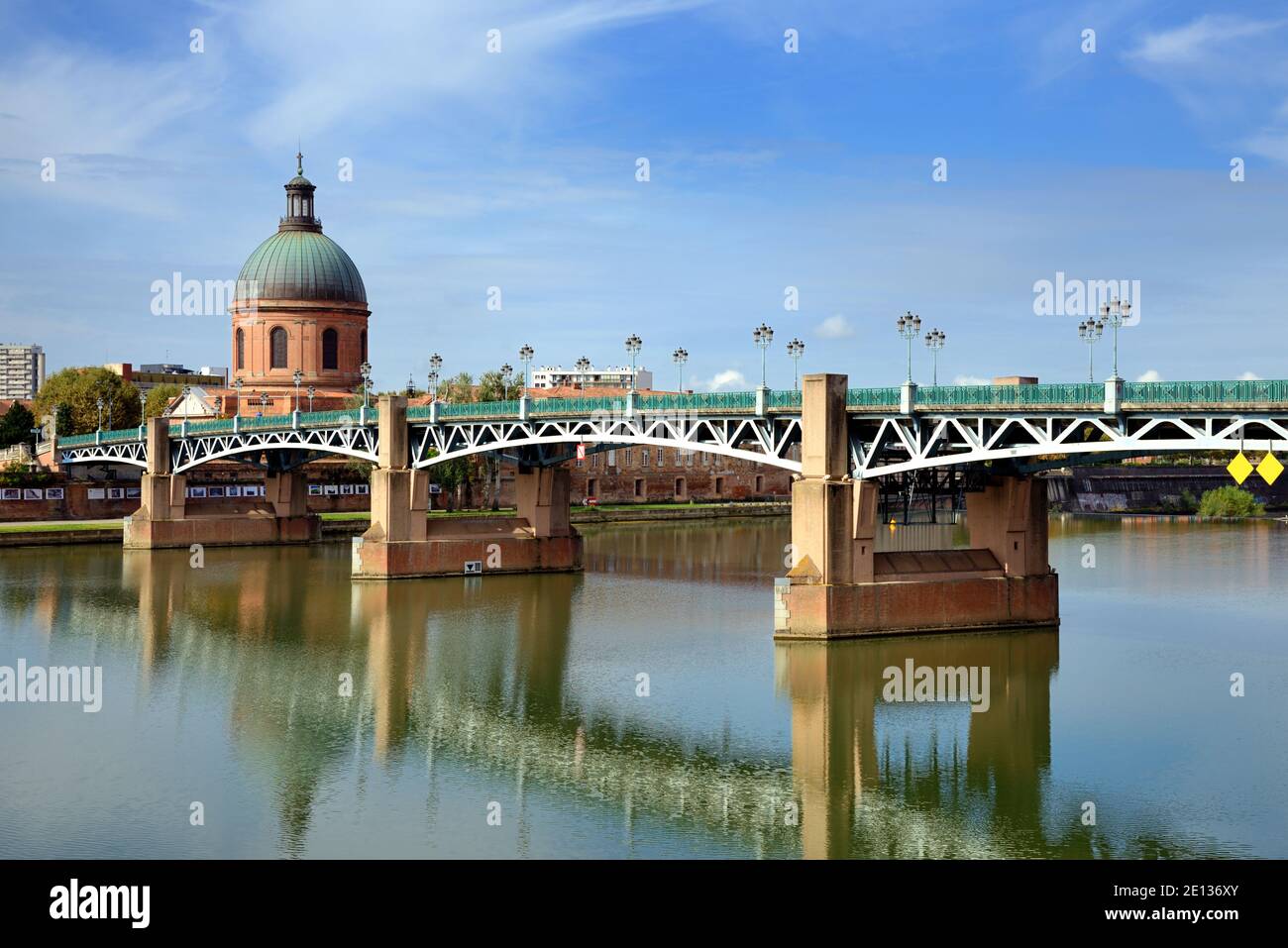 Saint Pierre Bridge over River Garonne & Dome of Saint Josephs Chapel Toulouse France Stock Photo