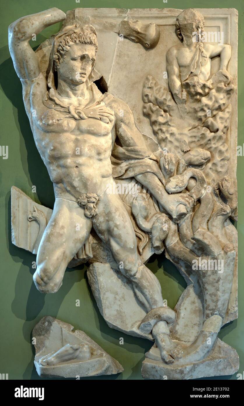 Hercules Fighting Lemaean Hydra (c3rd) Marble Carving or Roman Sculpture in Musée Saint-Raymond Museum Toulouse France Stock Photo