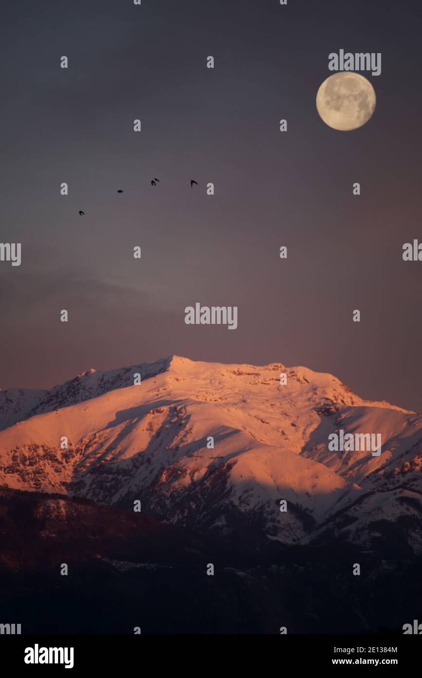 sunset with moon, mountains and birds Stock Photo