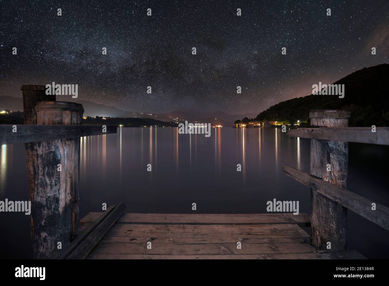 Orta Lake by night with starry sky Stock Photo