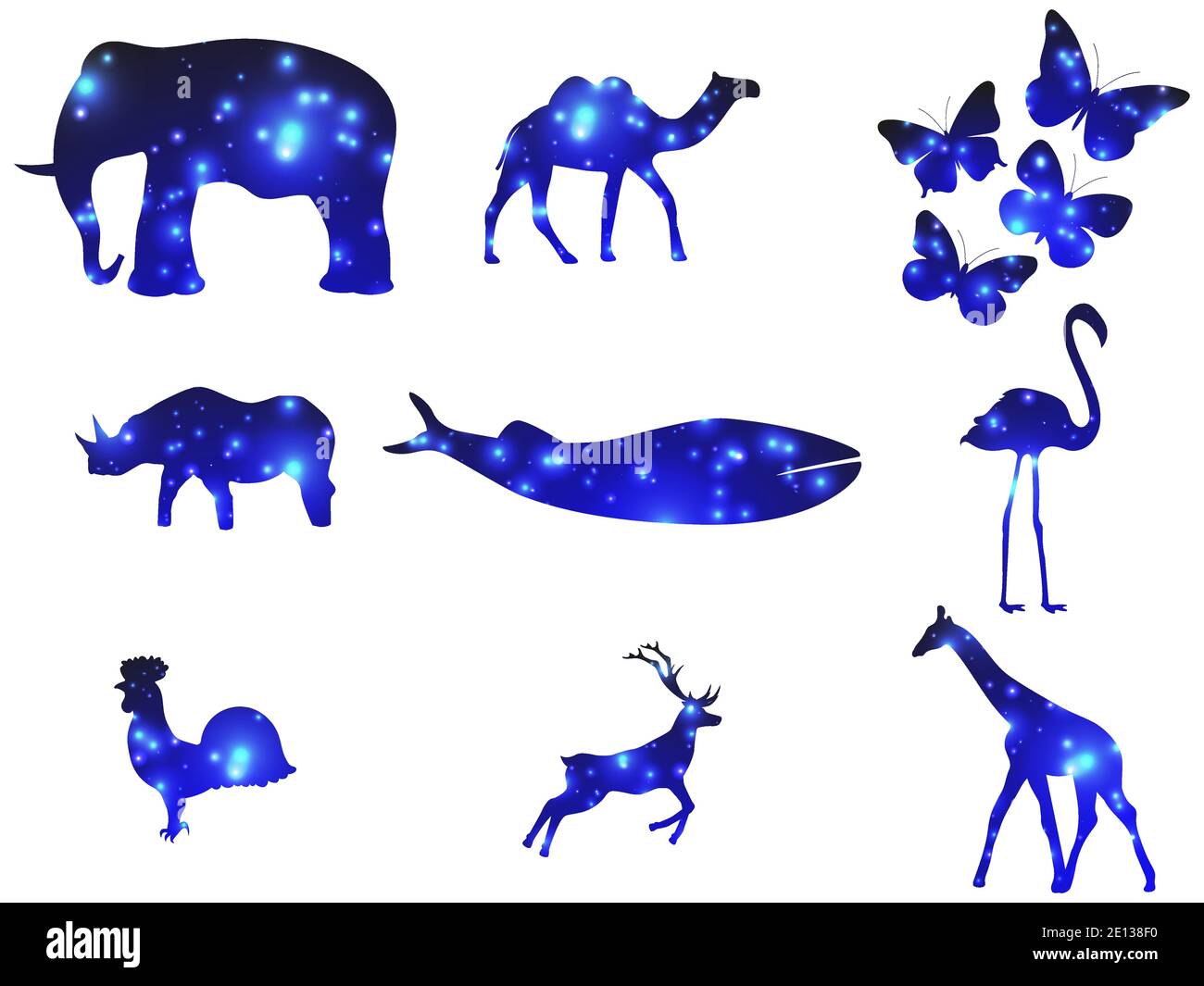 Animal contour with glowing light particles. Double exposure space. Glowing light. Elephant, rhino, whale, giraffe, camel and others. Vector illustrat Stock Vector