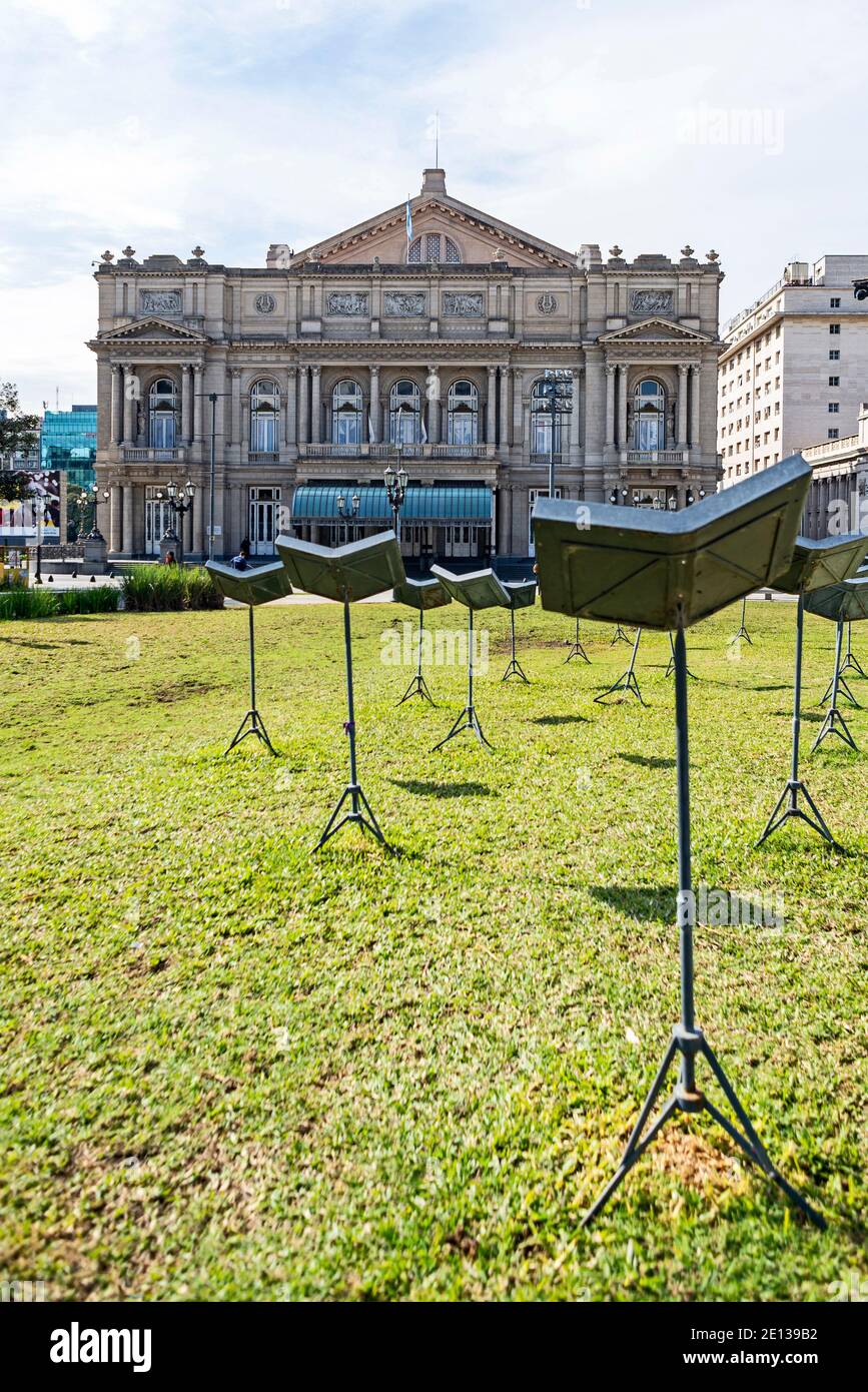 Music stands on the back of the Teatro Colon in Buenos Aires, Argentina, South America. Teatro Colon is a famous lyrical theatre Stock Photo