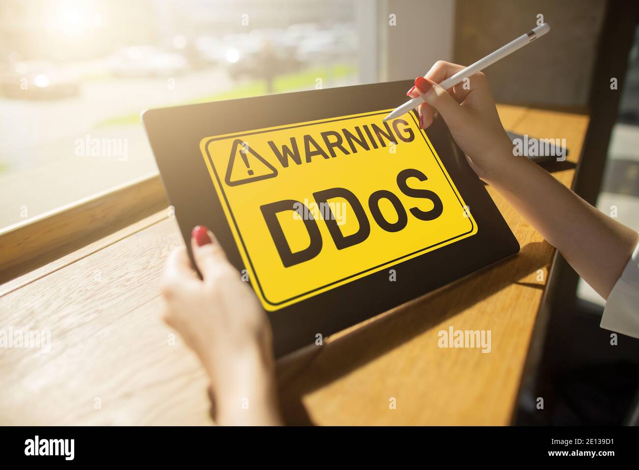 DDoS attack detection message. Virus and Hacking. Cyber security and internet concept Stock Photo