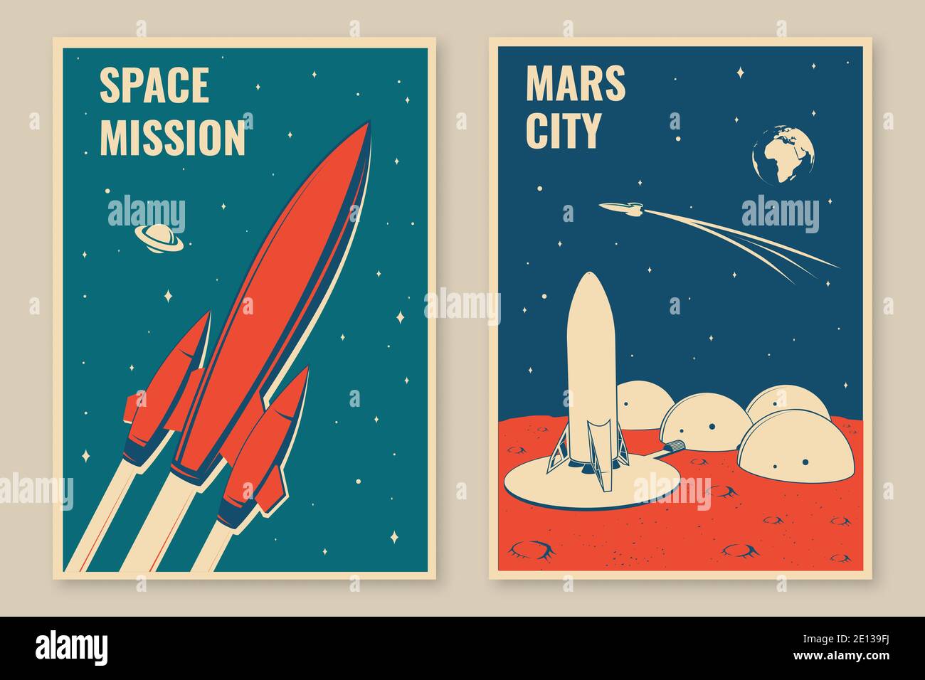 Mars city and space mission posters, banners, flyers. Vector illustration.  Concept for shirt, print, stamp, overlay or template. Vintage typography  design with space rocket and mars city silhouette Stock Vector Image &