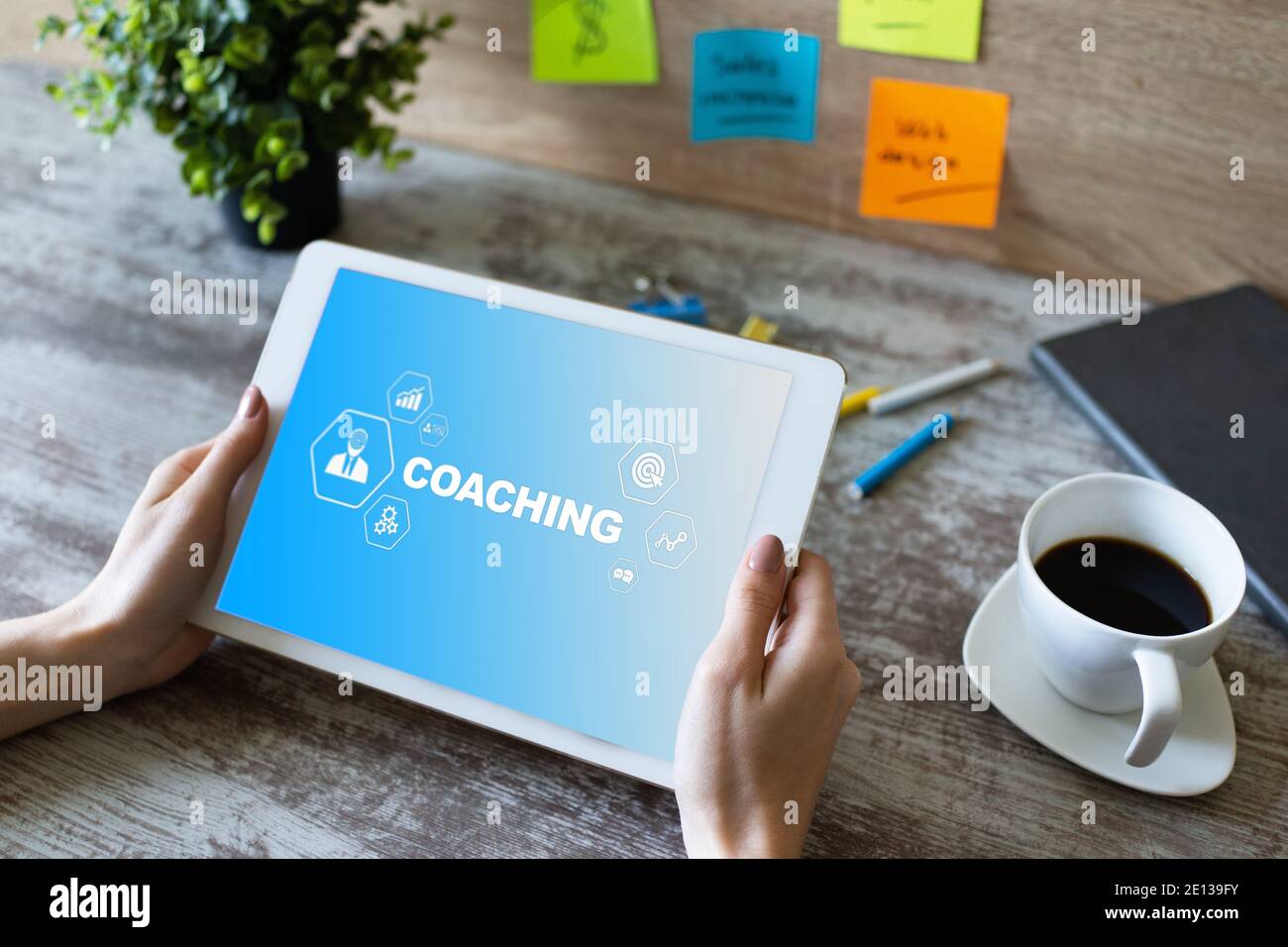 Coaching and mentoring concept on screen. Self development and personal ...
