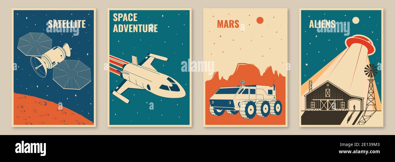 Space mission posters, banners, flyers. Vector illustration. Concept for shirt, print, stamp. Vintage typography design with space rocket, mars rover and ufo flying spaceship silhouette. Stock Vector