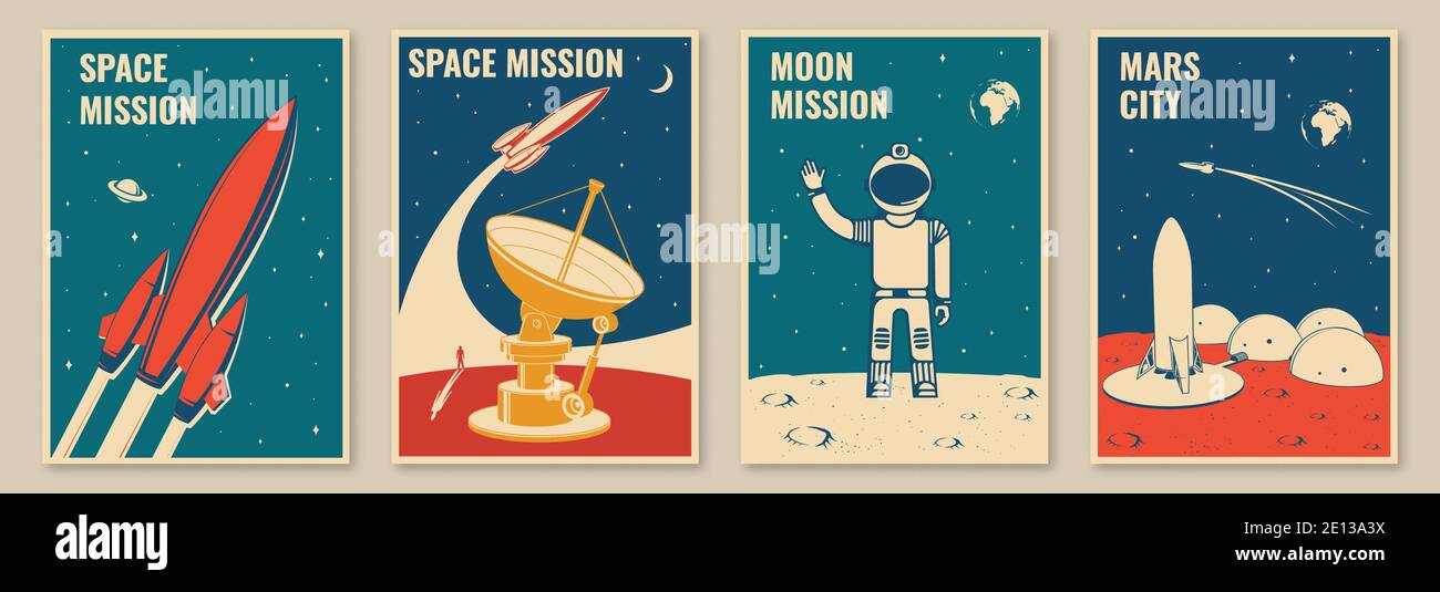 Mars city and space mission posters, banners, flyers. Vector. Concept for shirt, print, stamp. Vintage typography design with space rocket, astronaut on the moon and city on mars silhouette. Stock Vector