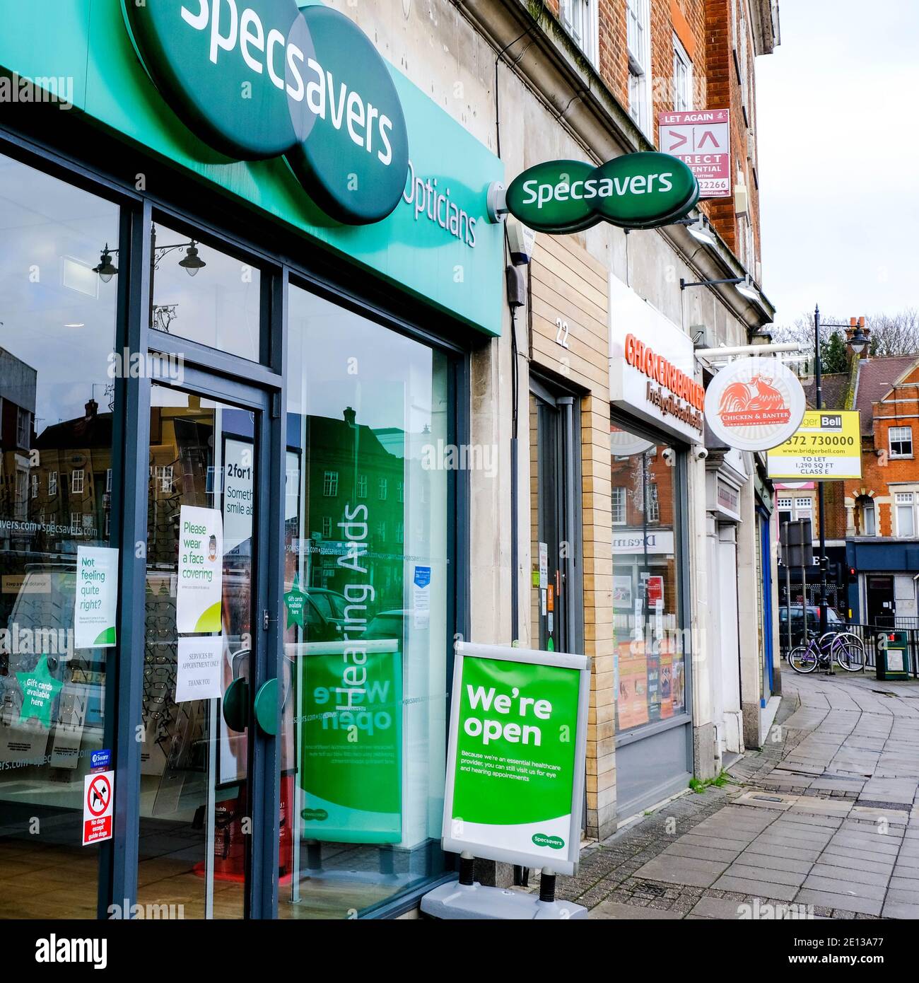 Epsom, London UK, January 03 2021, Specsavers High Street Opticians Remained Open During Covid-19 Tier 4 Lockdown As An Essential Business Stock Photo