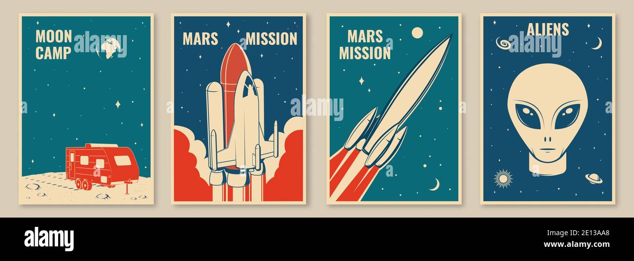 Space mission posters, banners, flyers. Vector illustration. Concept for shirt, print, stamp. Vintage typography design with space rocket, alien and camper silhouette. Stock Vector
