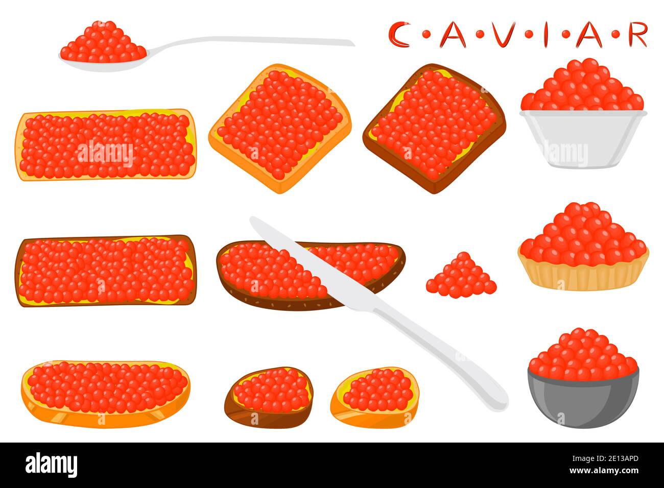 Illustration on theme big set various types fish caviar, bread different size. Bread consisting of tasty fish caviar, fatty butter for colored print o Stock Vector