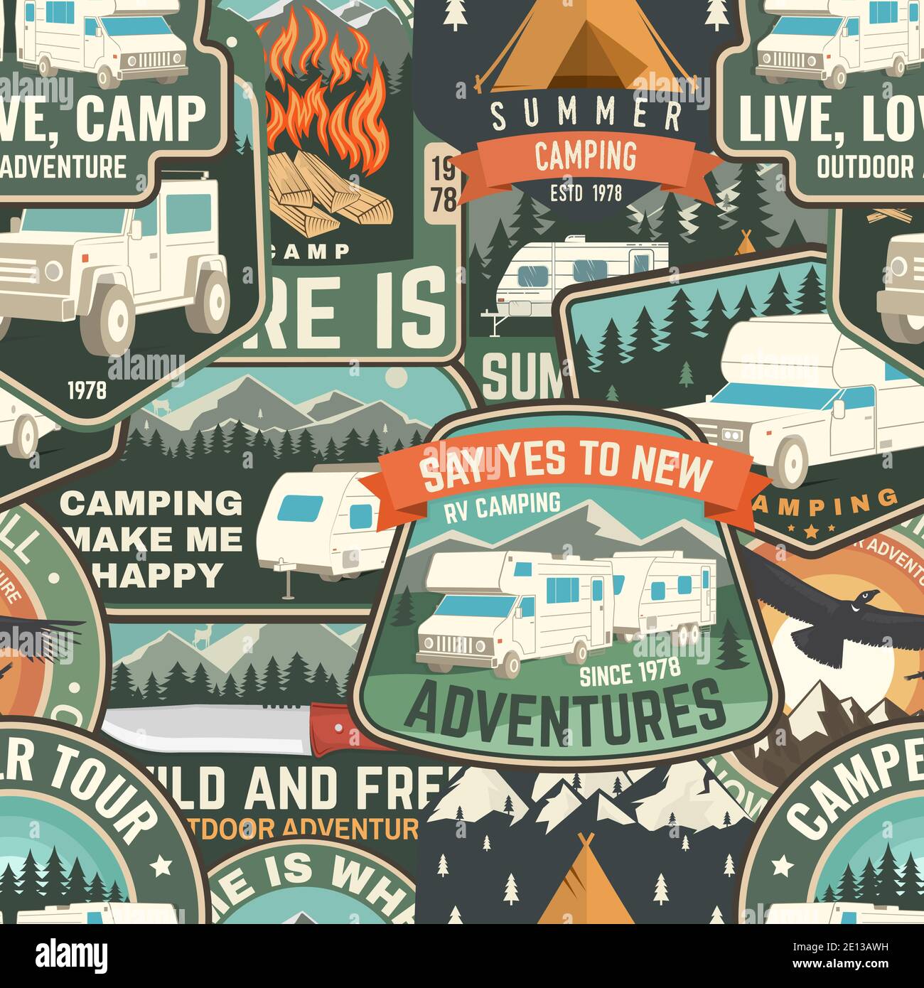 Summer camp colorful seamless pattern with rv trailer, camping tent