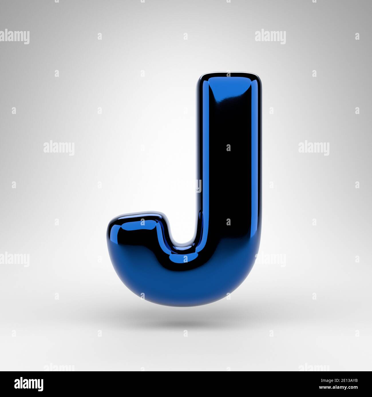 Letter J uppercase on white background. Blue chrome 3D rendered font with glossy surface. Stock Photo