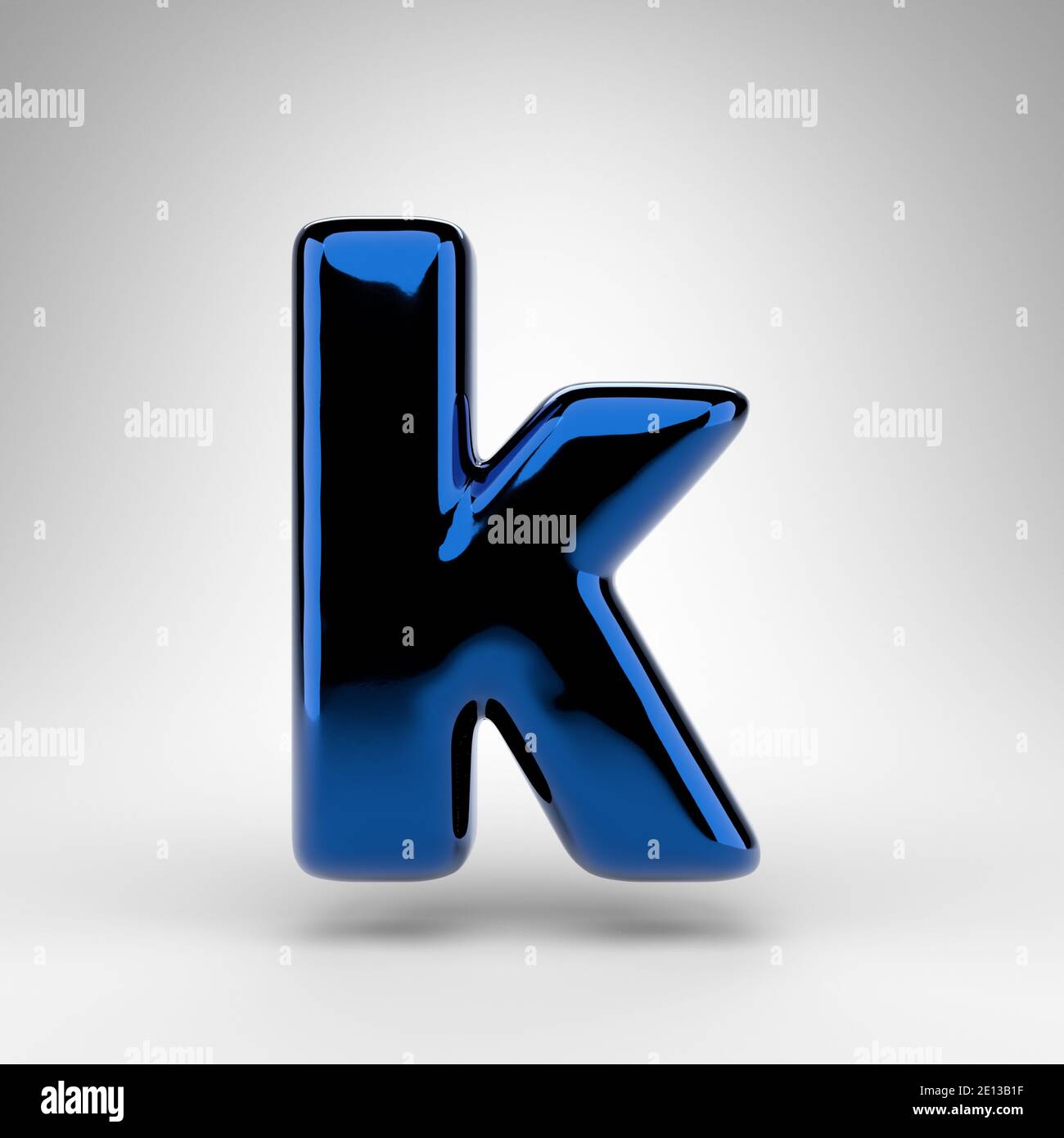 Letter K lowercase on white background. Blue chrome 3D rendered font with glossy surface. Stock Photo