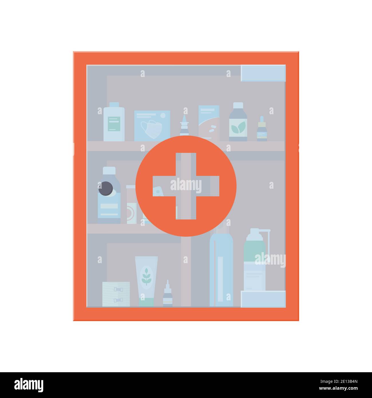 Wall medicine chest full of drugs, pills, tablets and bottles. Red