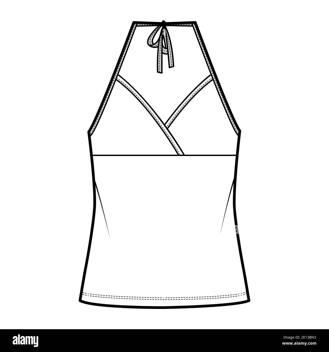 Top halter neck surplice tank cotton-jersey technical fashion illustration with empire seam, bow, oversized, tunic length. Flat outwear template front, white color. Women men CAD mockup Camisole Stock Vector
