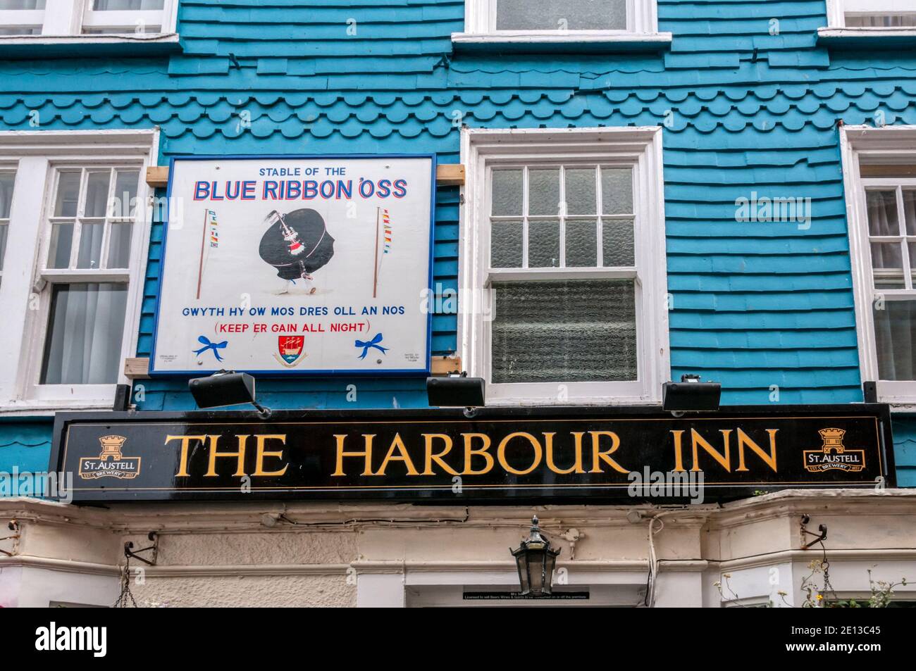 The harbour inn in Padstow. The stable of the Blue Ribbon 'Oss. Stock Photo