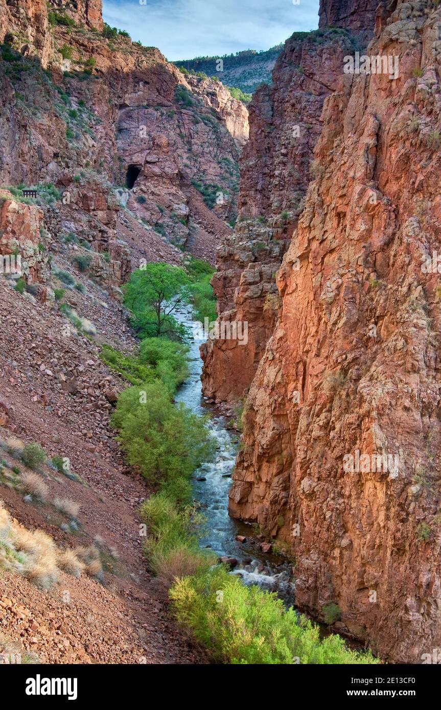 Rio Guadalupe canyon in Jemez Mountains, Gilman Tunnels on left top