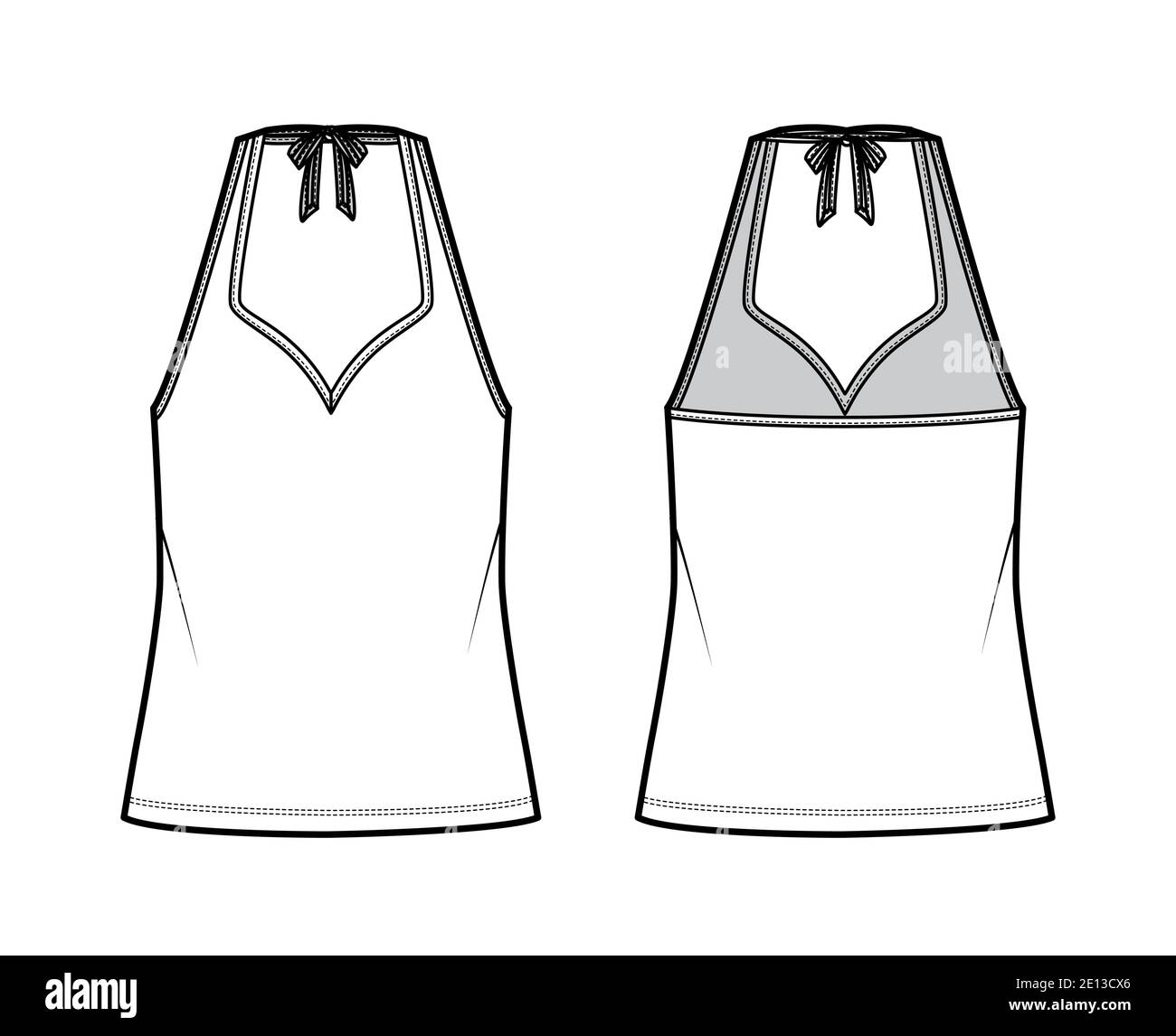 Tank halter sweetheart neck top technical fashion illustration with bow, oversized, tunic length. Flat apparel outwear template front, back, white color. Women men unisex CAD mockup Stock Vector