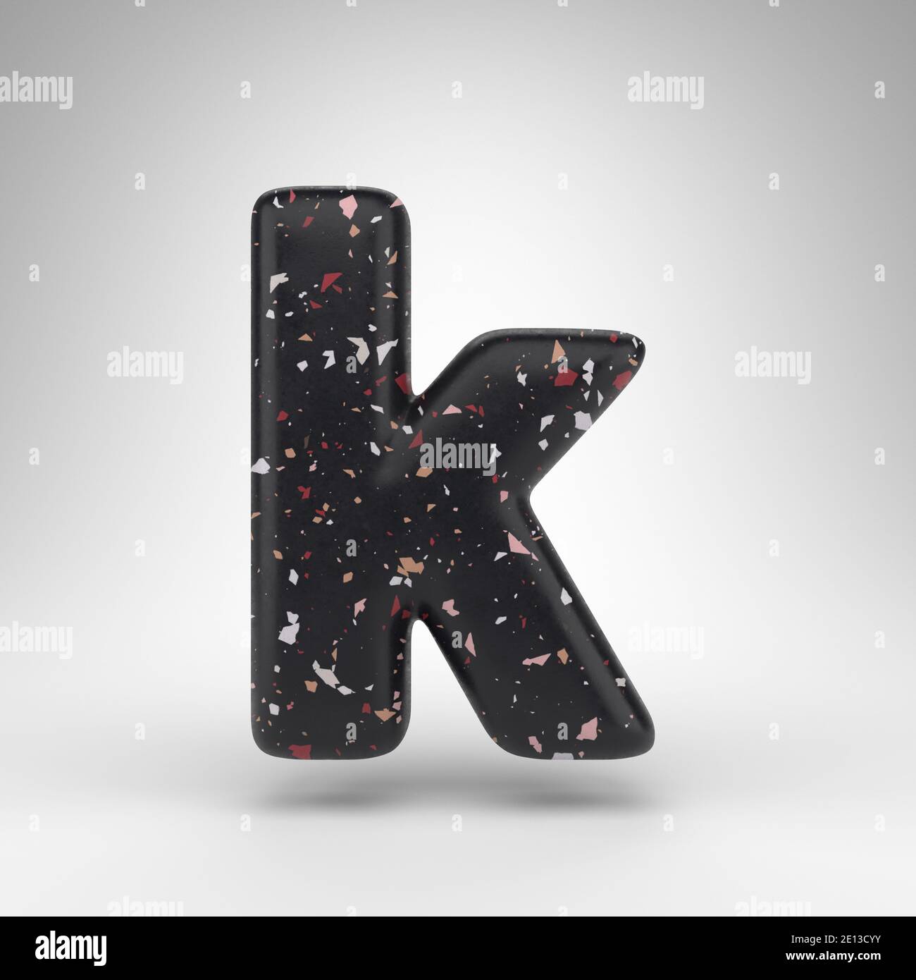 Letter K lowercase on white background. 3D rendered font with black terrazzo pattern texture. Stock Photo