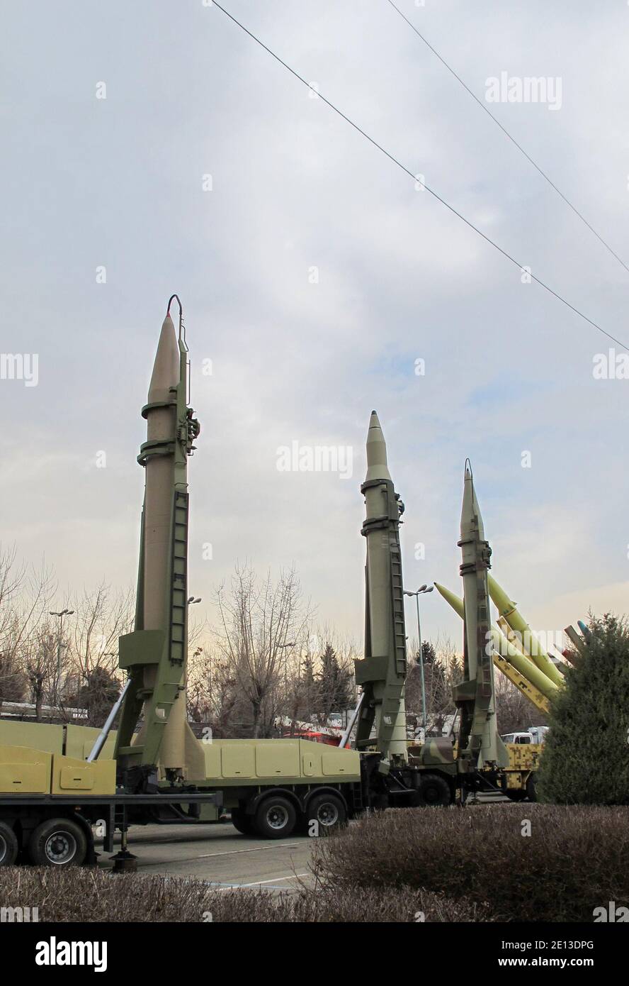 Iranian ballistic missiles at 'Authority 40' military exhibition in Tehran. the missiles from left to right: Shahab 1, Qiam, and Shahab 2 Stock Photo