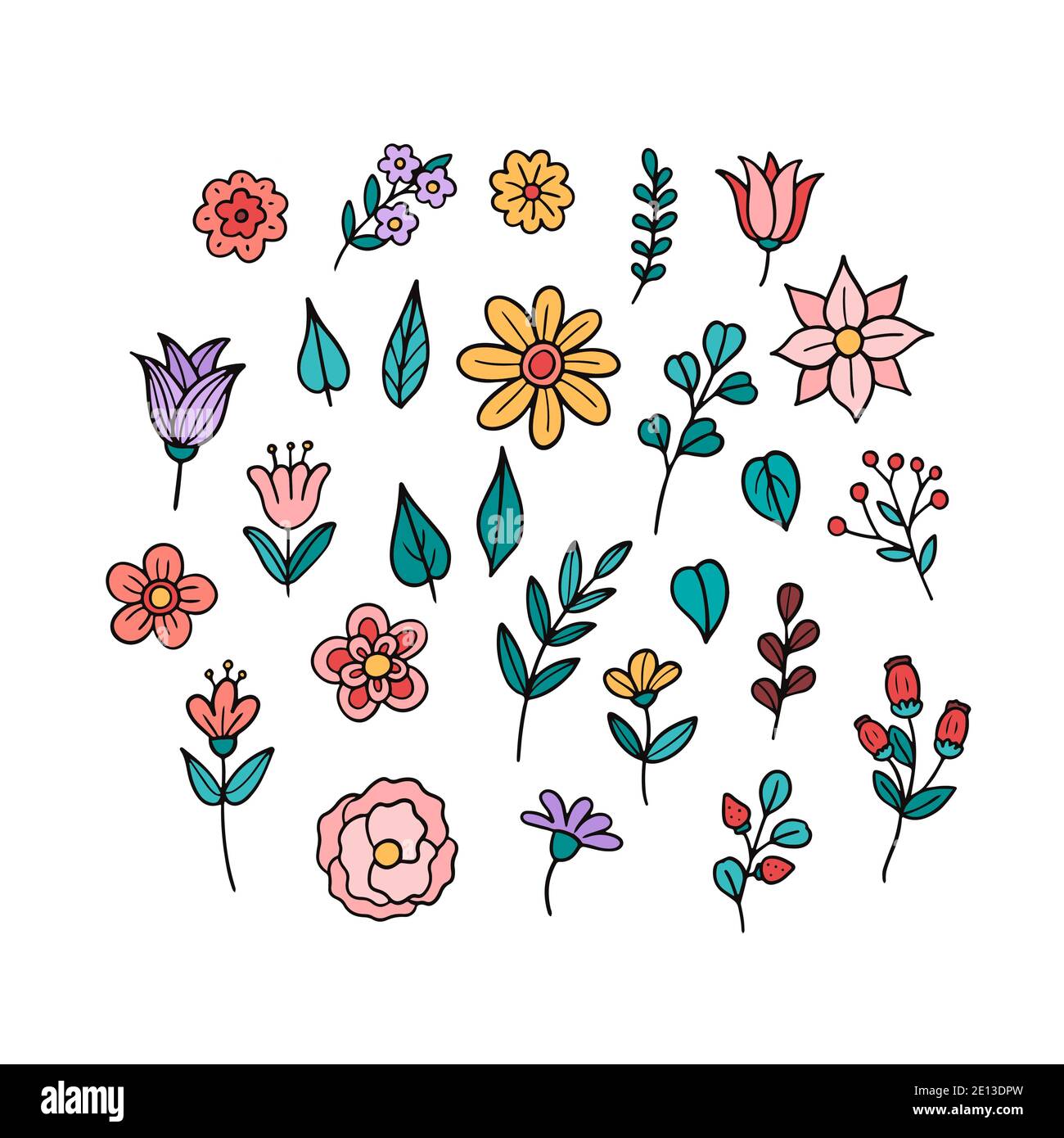 Set of hand drawn flowers and leaves. Vector illustration Stock Vector ...