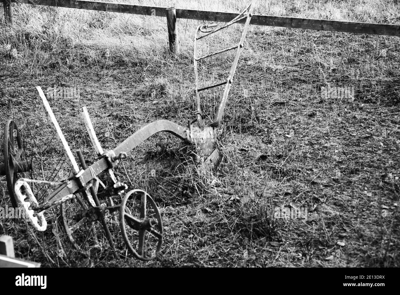 Old farming machinery in field, old horse plough black & white image Stock Photo