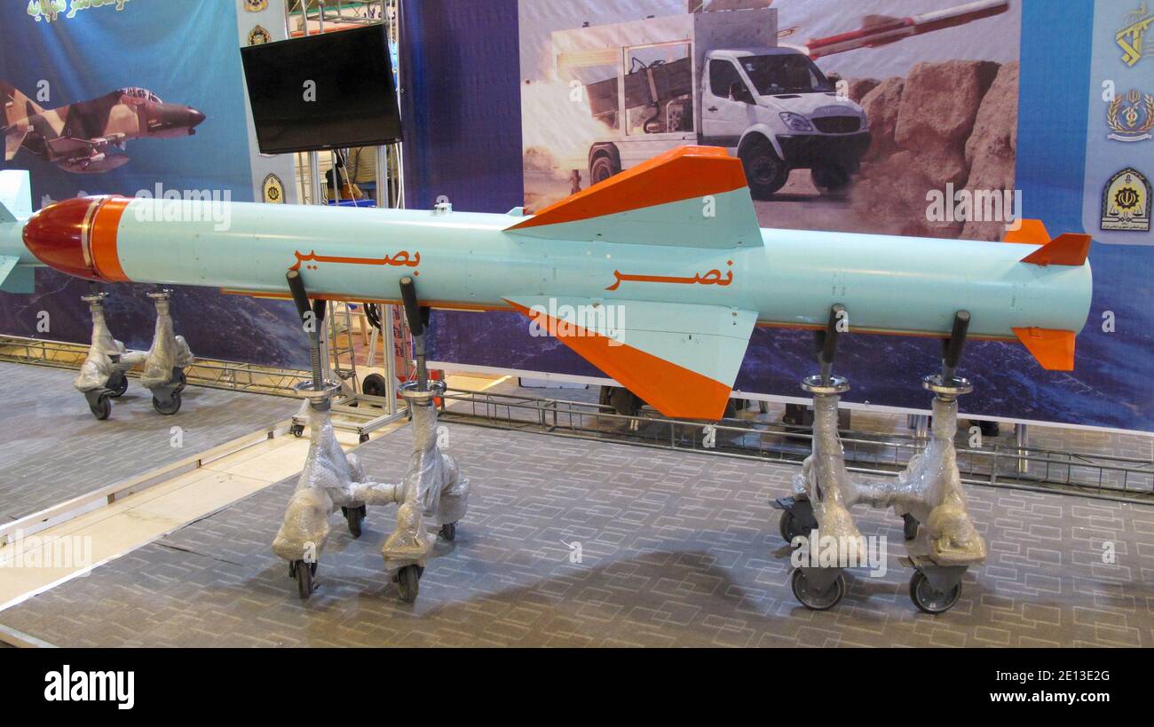 Iranian Nasr (C-704) anti-ship cruise missile equipped with thermal seeker displayed at the 'Authority 40' military exhibition in Tehran Stock Photo