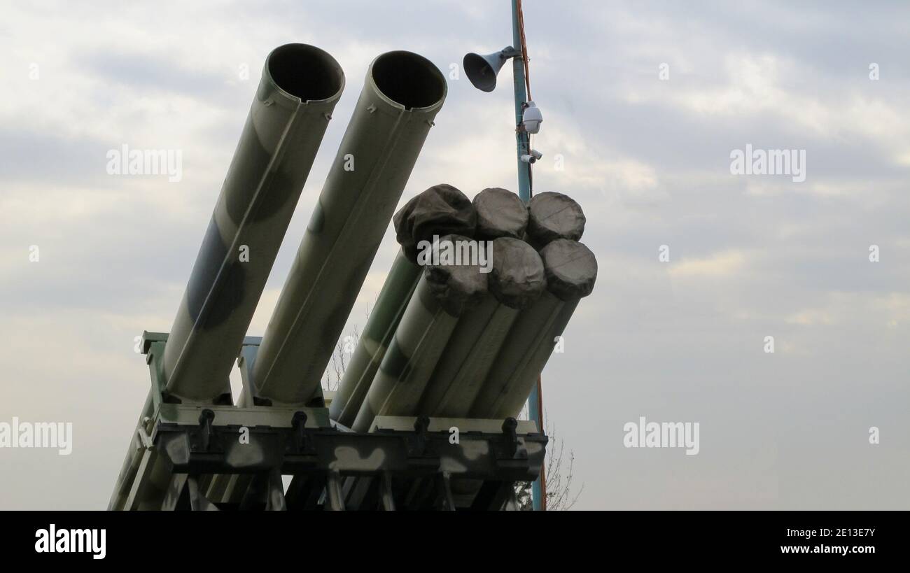 Iranian MLRS equipped with Fajr-5 and Fajr-3 rockets displayed at the 'Authority 40' military exhibition in Tehran Stock Photo