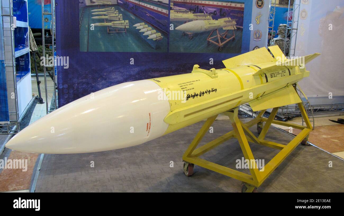 Iranian made Fakour-90 (phoenix) air to air long range missile displayed at the 'Authority 40' military exhibition in Tehran Stock Photo