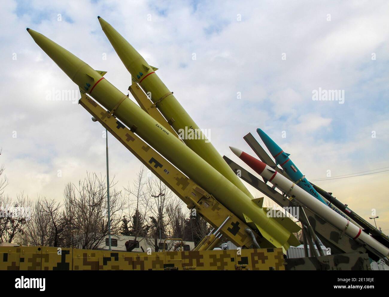 Iranian made short-range ballistic missiles displayed at the 'Authority 40' military exhibition in Tehran. Stock Photo